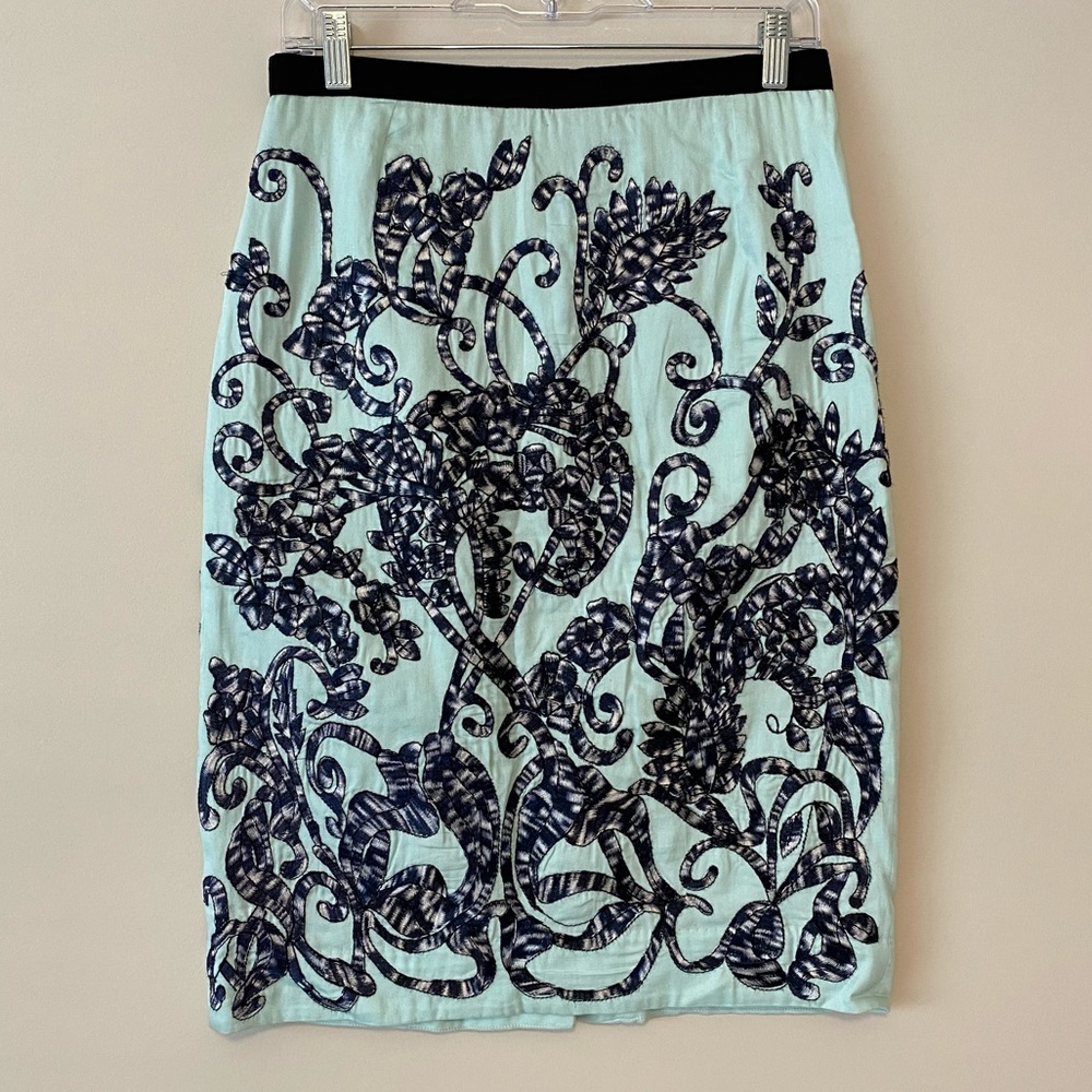 Anthropologie Mint Embroidered Skirt